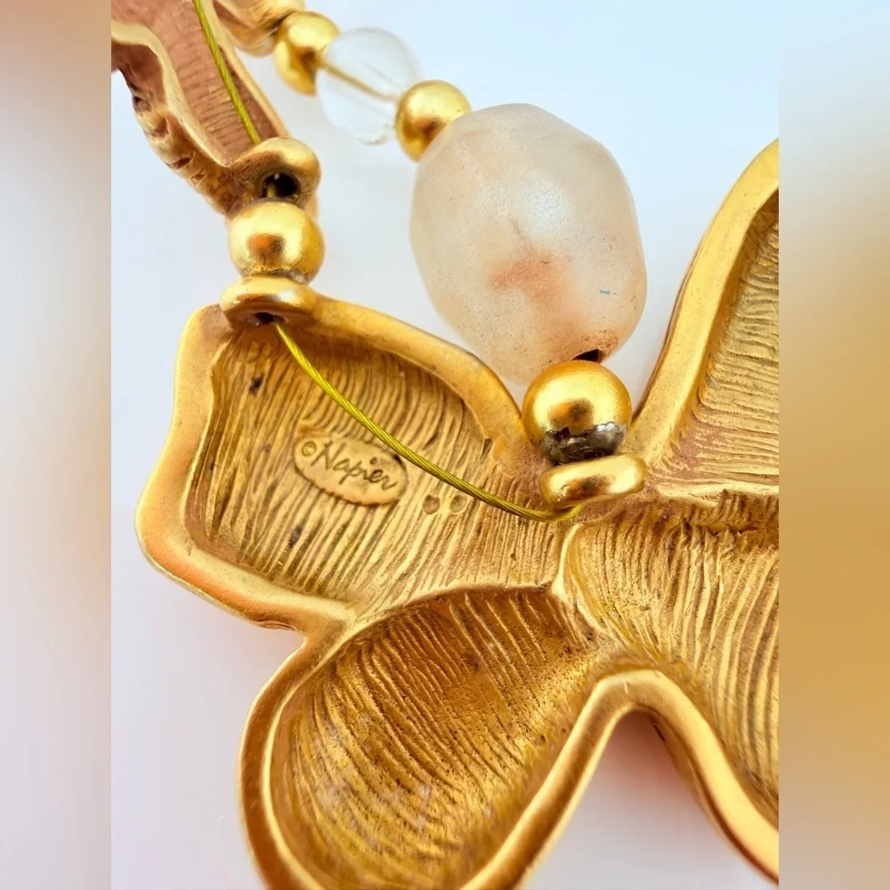 Vtg 1980s NAPIER Crystal Ice Butterfly Necklace Book Piece Frosted Resin Bead